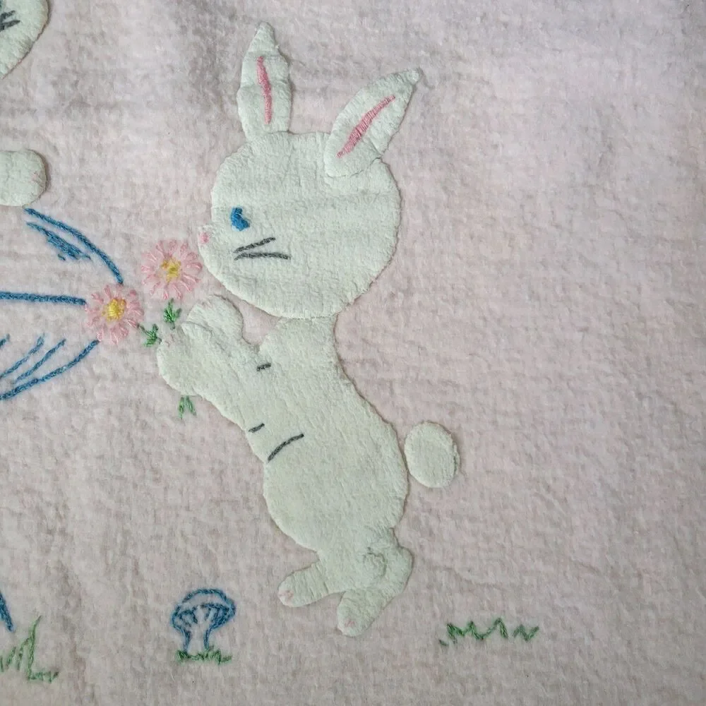 Vintage Pastel Pink Baby Blanket Applique Bunnies Mushroom Bird flower satin tri